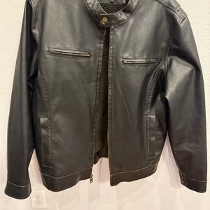 Black Rivet Black Faux Leather Jacket with Shearling Trim